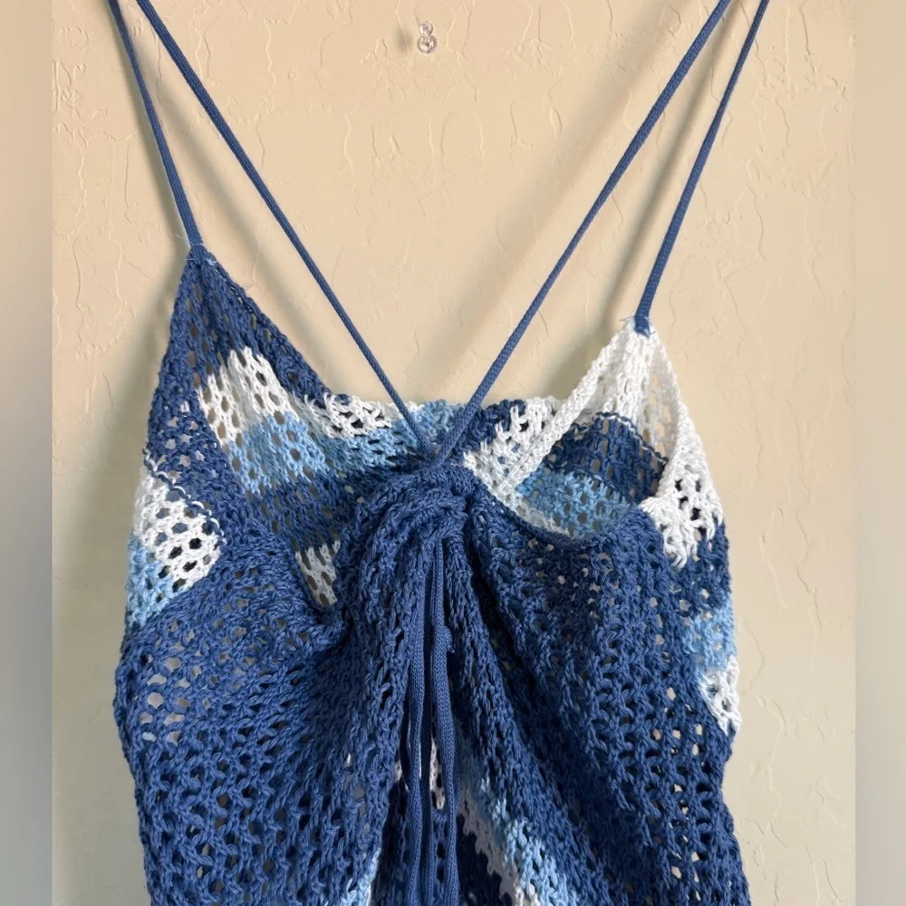 Crochet swim cover blue white striped nautical coastal beach Medium Women’s - Picture 5 of 10